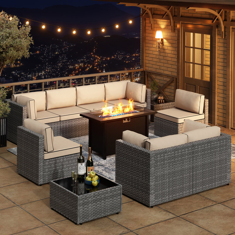  11-Piece Outdoor Patio Set with Propane Fire Pit Table, Khaki, Silver