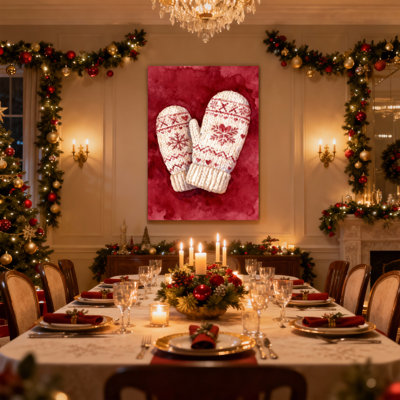 Christmas Red Snowflake Hearts Knit Mittens Pattern Set of 3 Canvas Wall Art Prints