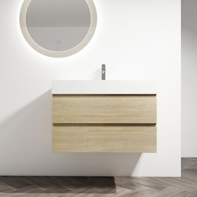 36" Bathroom Vanity In Oak. Resin Sink & 2 Drawers. Modern Design. Plywood Body. Smooth 2/3 Extension Drawer Runners. Spacious Storage Compartment With Sink. Wall Mounted, Soft-Close Appeal. Build.