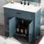 Élégant meuble-lavabo bleu de 36 po avec noyau en bois massif, extérieur, lavabo encastré en céramique, une armoire, deux tiroirs, système de tiroir à glissière et rangement avec base, panneaux, métal encastré