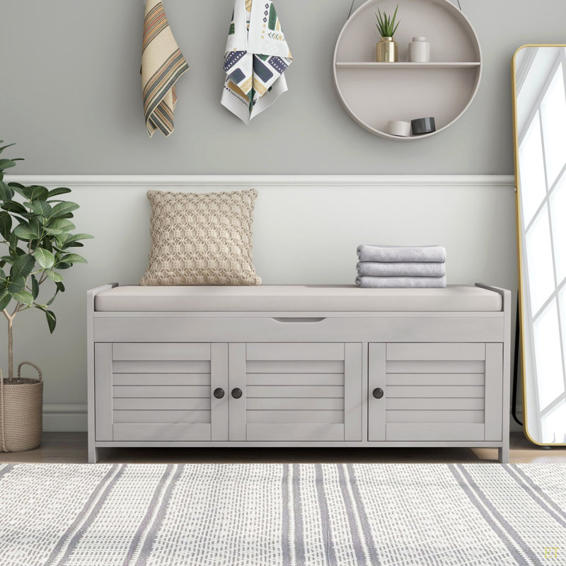 Banc de rangement avec 3 portes en forme de volet, banc à chaussures avec coussin amovible et espace de rangement caché