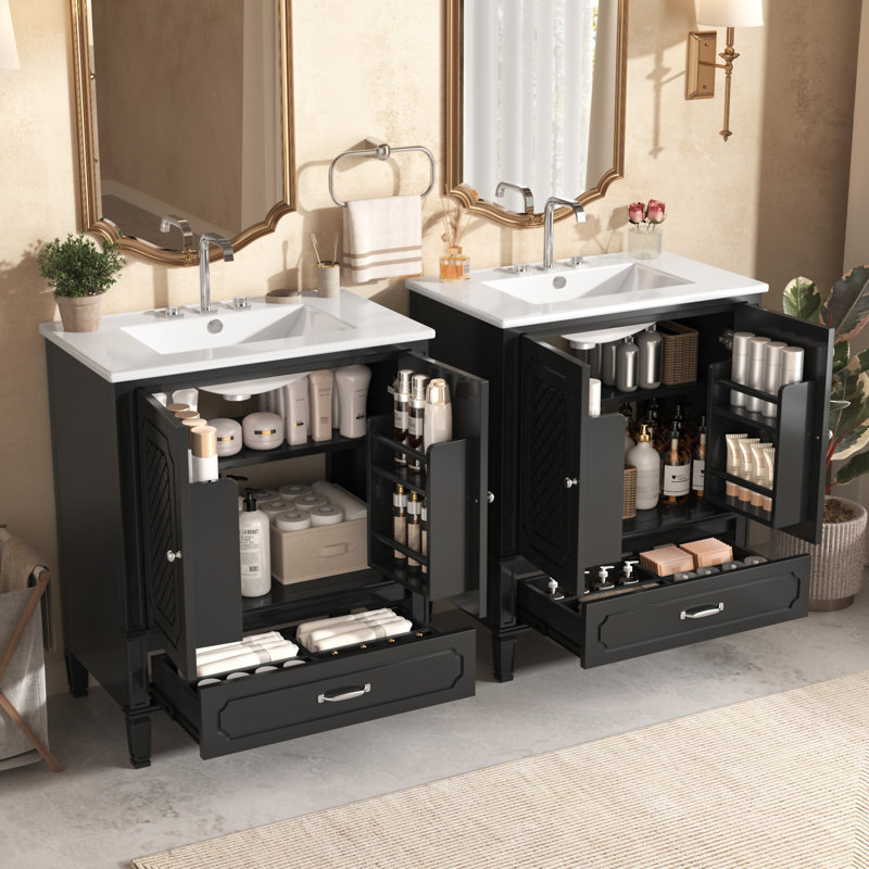 [Vidéo] Ensemble de meuble-lavabo double 60 po avec lavabo double, Noir