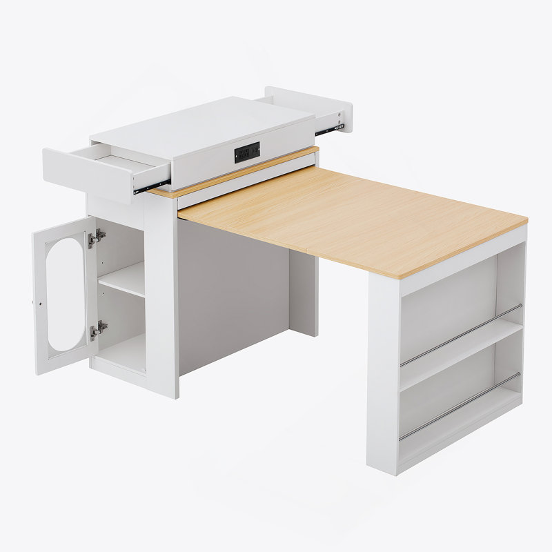 Table de salle à manger extensible avec plateau pliable, table de bar avec tiroirs et prise de courant, îlot de cuisine avec roulettes et crochets, buffet pour la cuisine et la salle à manger (noir et blanc marbré)