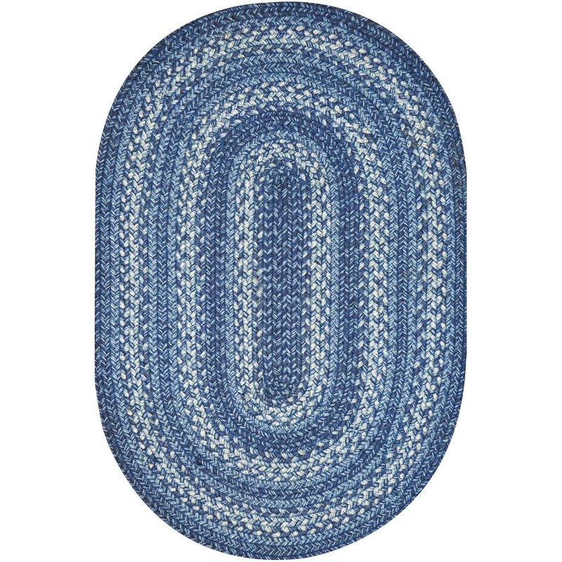 Handmade Denim and White Jute 6' x 9' Oval Braided Rug