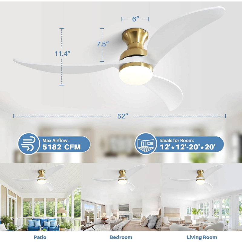 52 Inch Modern Ceiling Fan With 3 Color Dimmable Solid Wood  Blades Remote Control Reversible Dc Motor For Bedroom, Gold