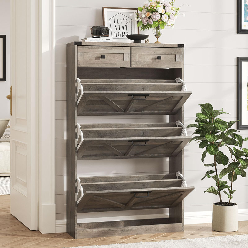 Shoe Cabinet With 3 Flip Drawers & 2 Drawers, Gray