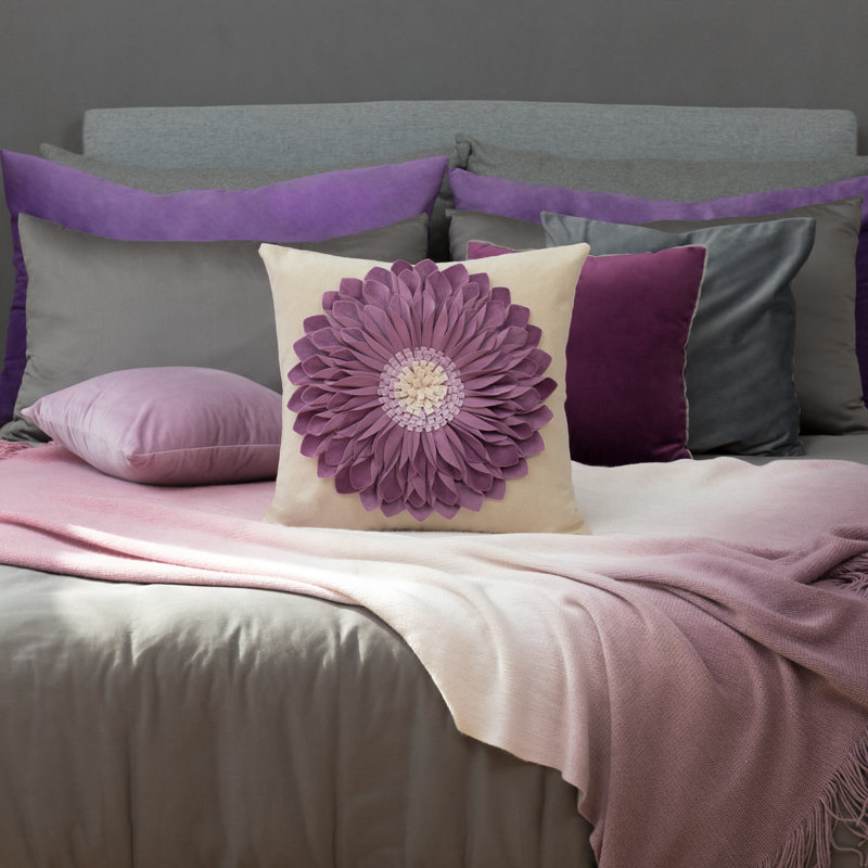 Appliqued Floral Accent Pillow Cover Sunflower Decorative Throw Pillow Case 18in, Purple/Beige