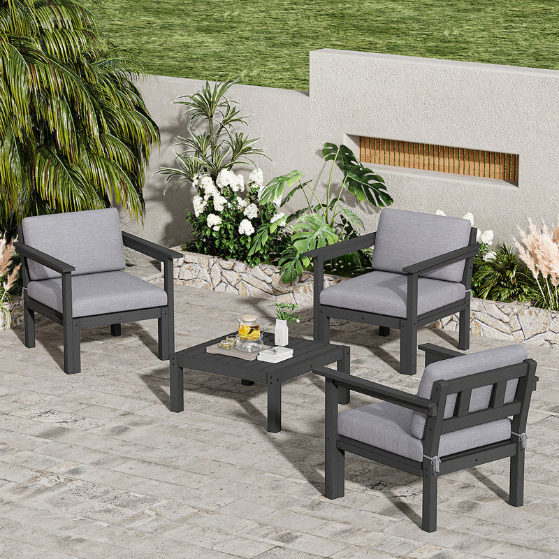 Ensemble de conversation modulaire de patio pour 3 personnes avec coussins, ensemble de conversation 4 pièces imperméable toutes saisons pour l'extérieur, noir