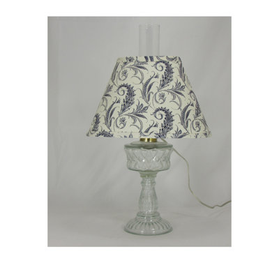 Reproduction Pressed Glass Accent Lamp With Blue Paisley Oval Chimney Shade