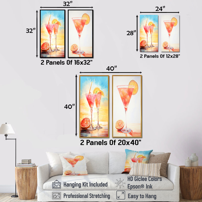 Verre à cocktail Daiquiri Dawn - ensemble de 2 reproductions d'art sur toile, Cadre noir, H 32 po x l 33 po