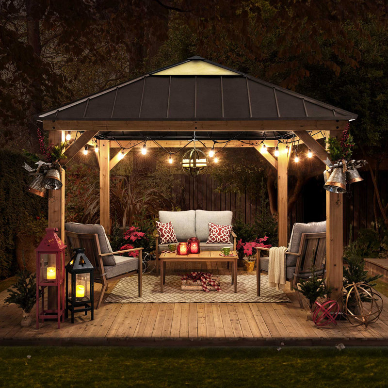 Sunjoy Hardtop Gazebo 11 x 11 ft. Standard Cedar Framed Wood Gazebo with Brown Steel and Polycarbonate