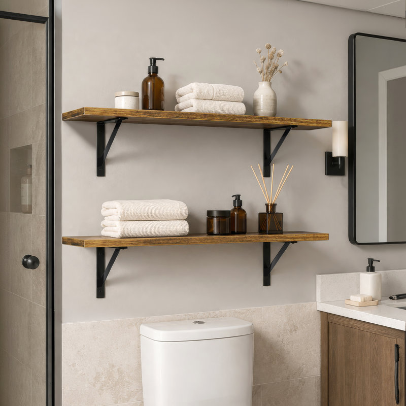 Sorbus 47.3 in Wood Wall Shelves with Black Metal Brackets, 2-Piece Set, Brown, Brown