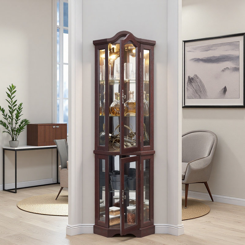 Vitrine de coin lumineuse avec portes et tablettes en verre trempé - rangement élégant en chêne pour le salon, Cerisier