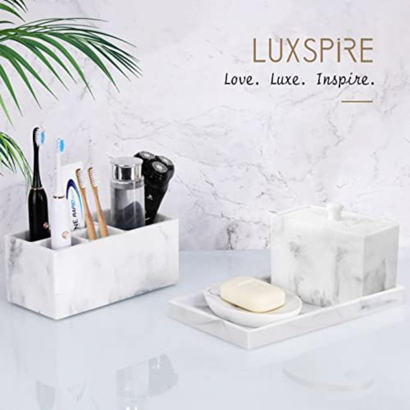 Bathroom Vanity Tray, Resin Dresser Jewelry Ring Dish Tank Storage Kitchen Sink Countertop Organizer Plate Holder For Perfume Candles Soap Towel Plant Bathroom Accessories, M, White Marble