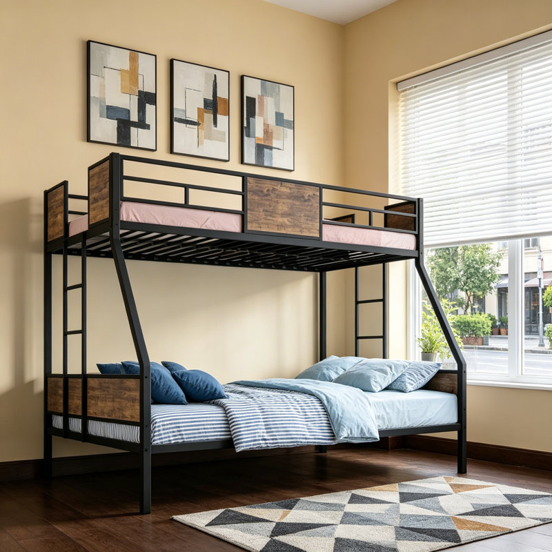Lit superposé simple au-dessus d'un lit double en métal noir avec lit gigogne escamotable, double échelle latérale et garde-corps pleine longueur, lattes en métal anti-affaissement sans sommier, capacité de poids élevée pour les petites chambres