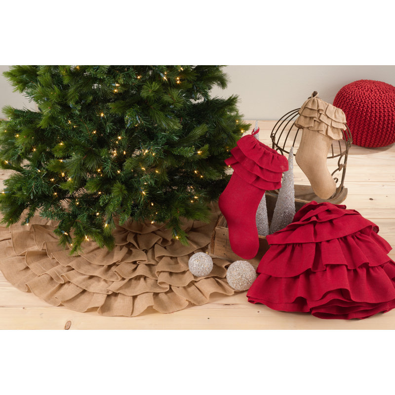 Red Jute Christmas Tree Skirt with Ruffled Design, 72"