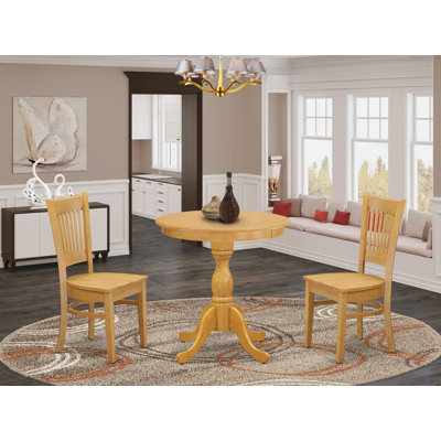 3 Piece Modern Dining Table Set Contains a Round Wooden Table with Pedestal and 2 Kitchen Dining Chairs, 30x30 Inch, Oak