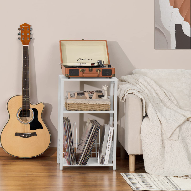 Natural White Vinyl Record Player Stand With Large Storage And Display Shelf