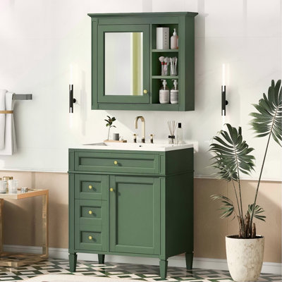 Ensemble de meuble-lavabo autoportant 30 po avec lavabo supérieur, meuble-lavabo moderne avec 2 tiroirs et tiroir basculant, meuble-lavabo autoportant avec miroir et meuble-lavabo simple