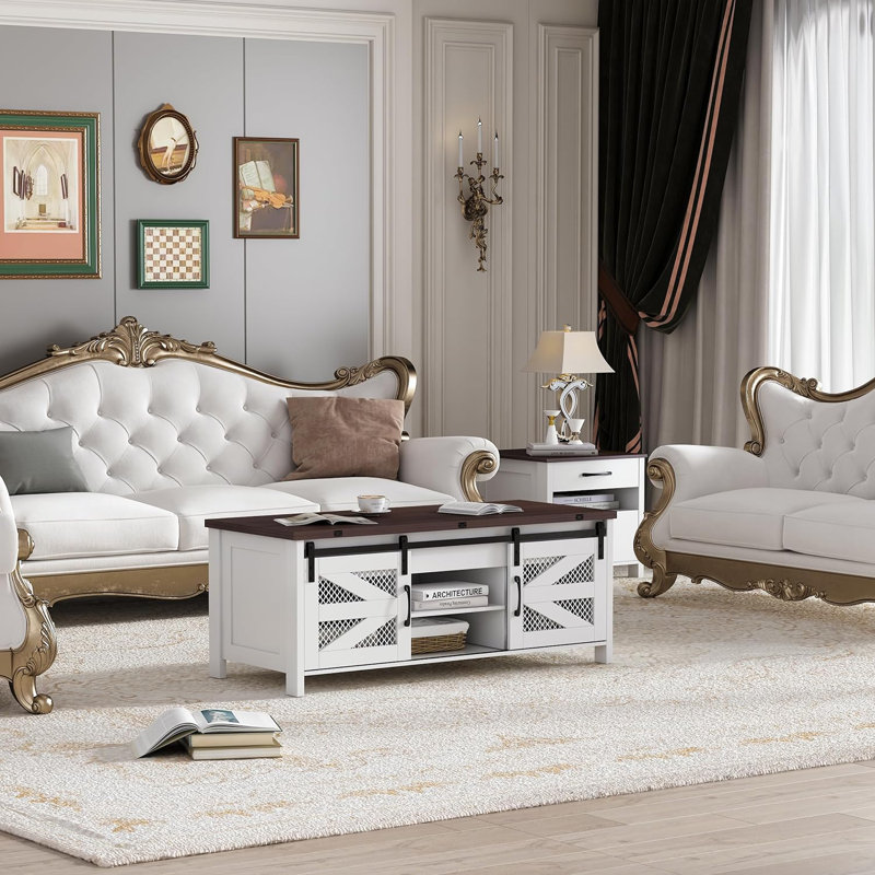 Verniet 48” Lift Top Coffee Table with Storage, Walnut, White