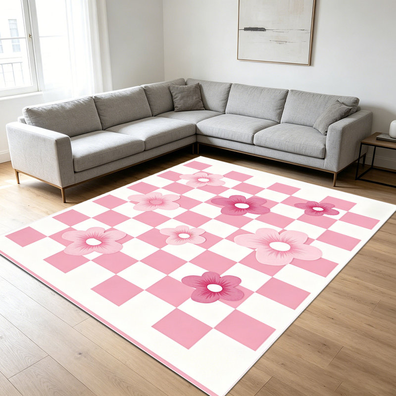 1PC Pink Checkerboard Floral area rugs for Living Room, Soft, All seasons, Easy-maintain, Washable Indoor mat, Farmhouse suitable for dining room, bedroom, kitchen, entryway, patio, Home Decor, Outdoor Decor.