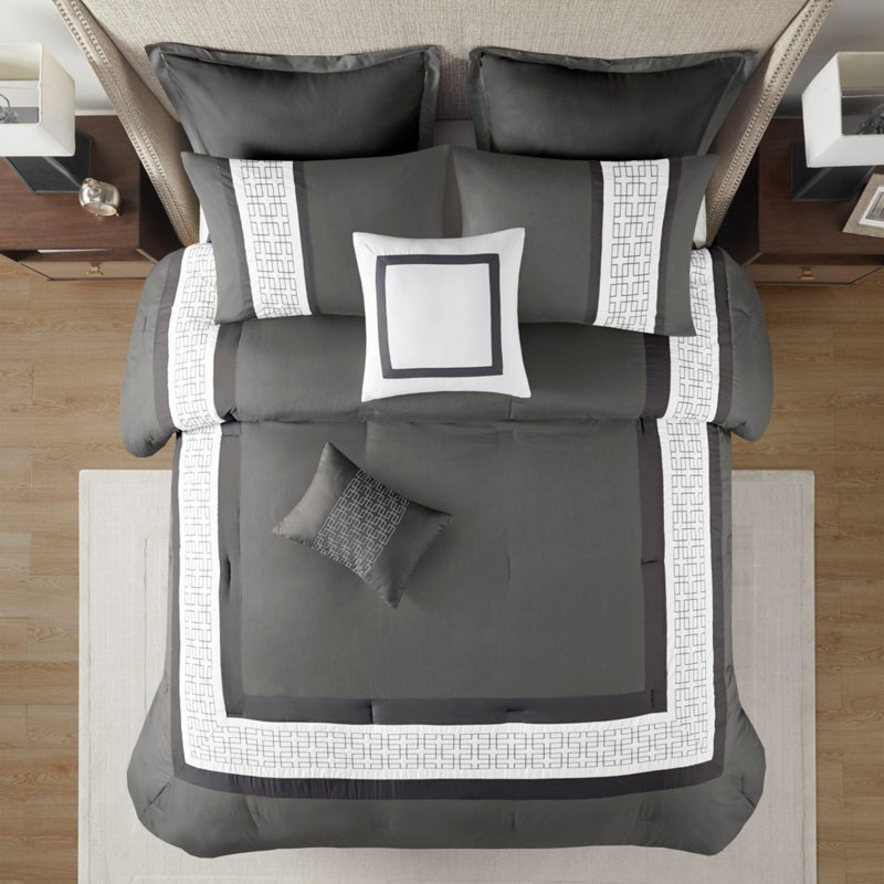 Ensemble d'édredon brodé 8 pièces gris foncé