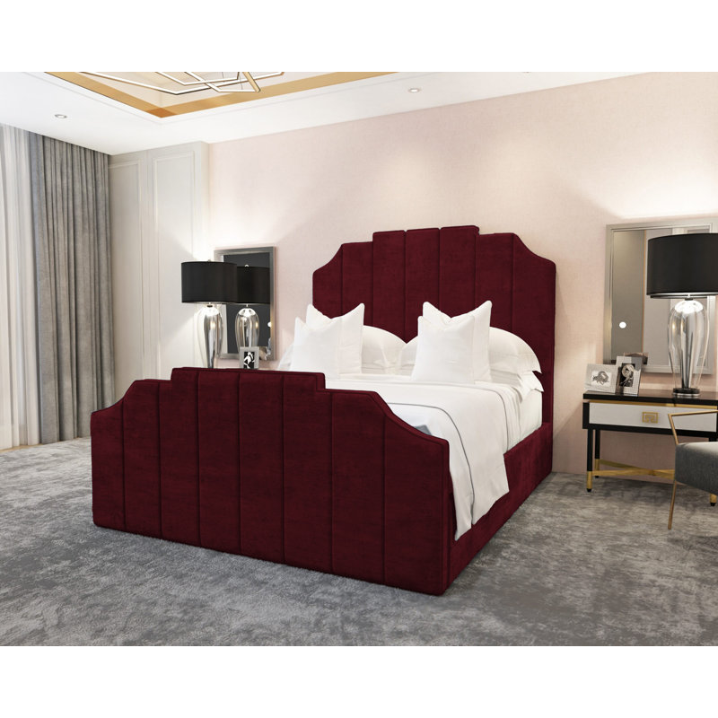 Annalei Regal Velvet Upholstered Bed Frame - Shaped Headboard, Chrome Feet, Burgundy, Super King (6')