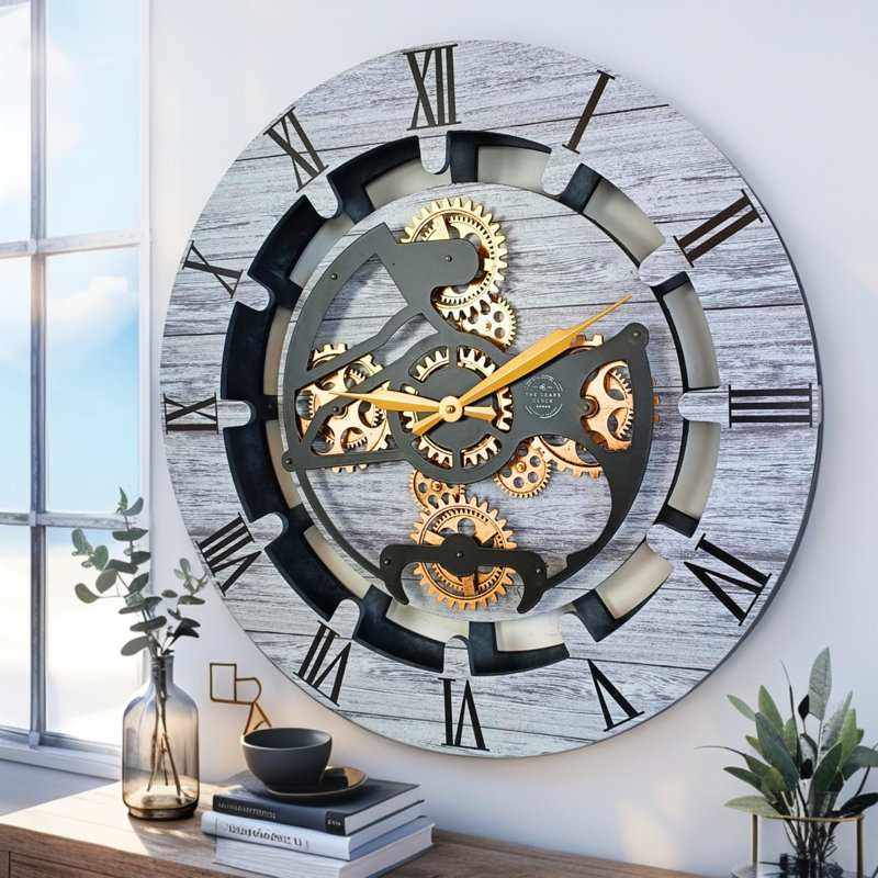 Horloge murale ronde surdimensionnée de 24 po pour le salon avec la collection Real Gear Gears Canada, Gris argenté