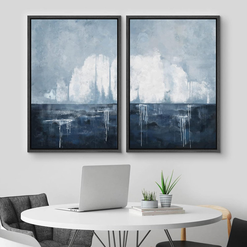 «Watercolor Pastel Blue White Landscape Abstract Shapes», reproduction encadrée sur toile, 2 pièces, Noir