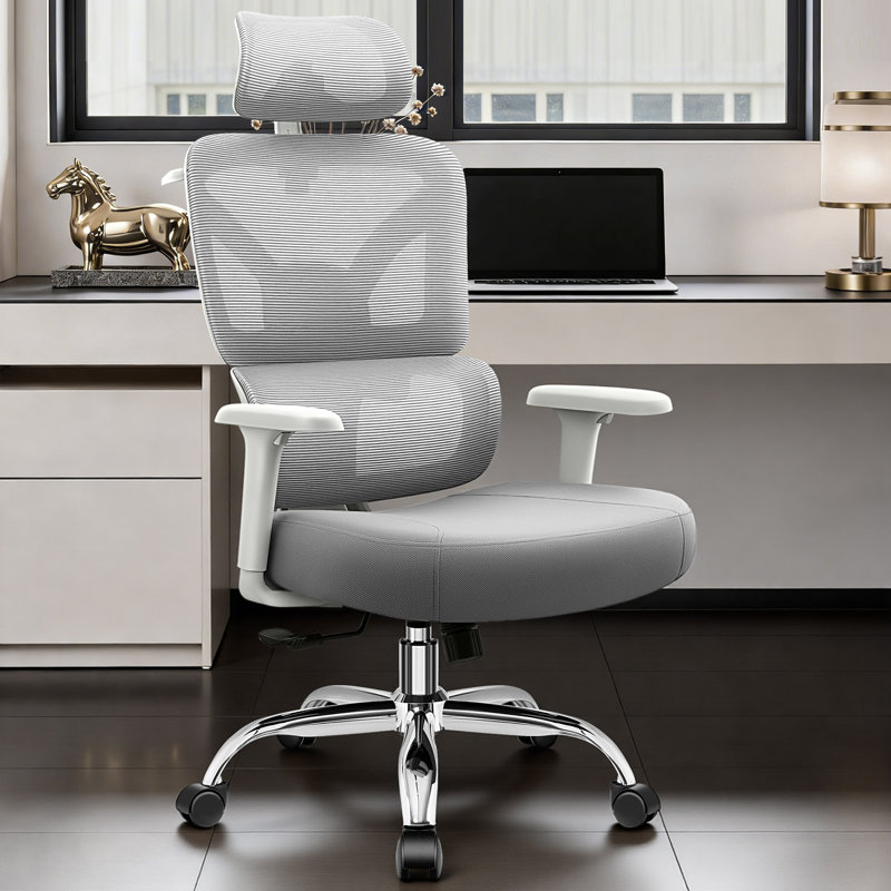 Comfy Breathable Ergonomic Task Chair with Headrest, Basic, Light Gray