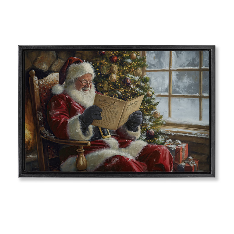 «Cheerful Santa Reading Canvas» par Imagine It Images, Cadre flottant noir de jais, H 17 po x l 25 po