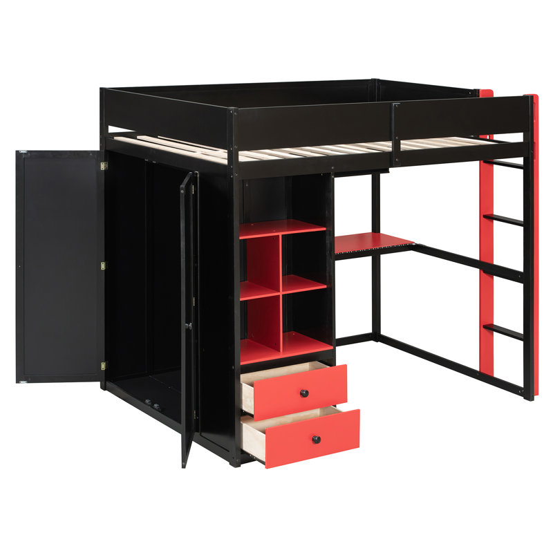 Lit mezzanine double avec bureau de rangement, maison de jeu moderne en bois MDF, Noir 3