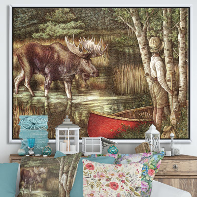 «The Moose And The Man With The Red Canoe», reproduction sur toile
