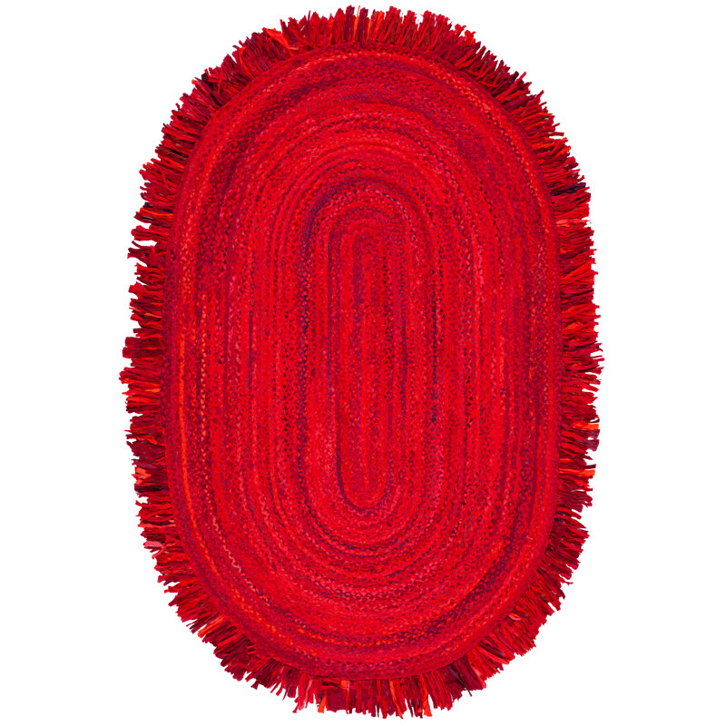 Tapis de couleur unie en coton tissé à la main en rouge, Ovale 3 pi x 5 pi