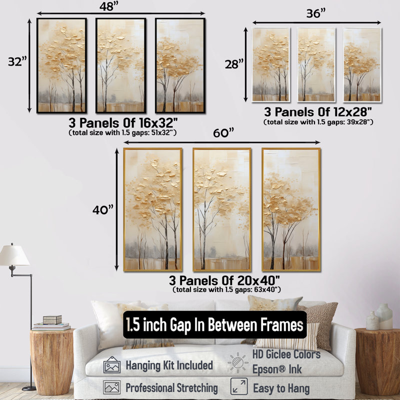 Minimalisme Golden Trees Tranquility I - ensemble d'art sur toile, H 28 po x l 36 po, Cadre flottant érable
