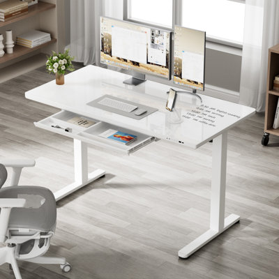 Bureau debout à hauteur ajustable en verre de 47 po avec tiroir et charge USB, bureau d'ordinateur avec affichage à DEL et support pour téléphone portable, blanc