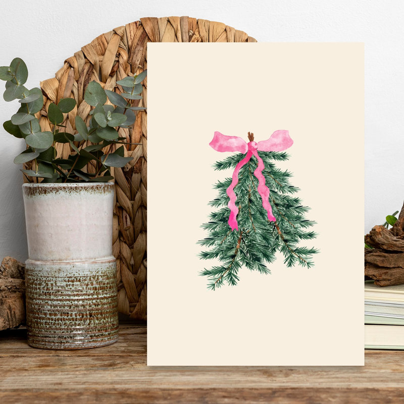 Pink Bow Christmas Pine Abstract Contemporary Christmas Tree Pine Nature Winter Wall Art Print by Karen Menzenbach - Wrapped Canvas Print