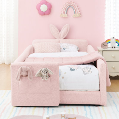Pink Upholstered Twin Bed With Boucle Material, Rabbit Ear Design Head, Fence, And Storage Space In Bedroom Arrangement Frame Upholstery, Headboard, Guard, Feature For Playful Bedrooms