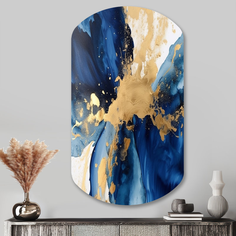 «Dark Blue and Gold Strokes», art mural asymétrique en métal moderne, impression sur métal cylindrique moderne