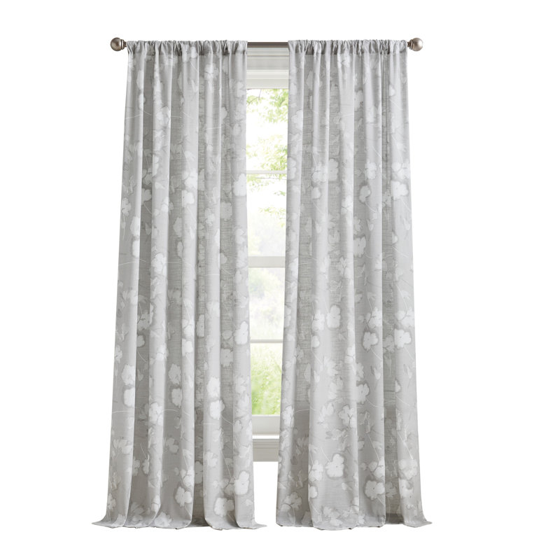 DKNY Dandelion Floral Linen 50 X 63 Curtain Panel Pair (Set of 2), 50" W x 63" L, Gray
