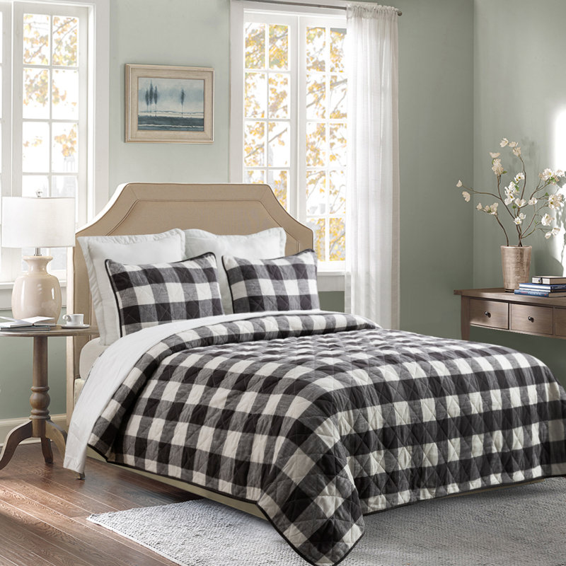  Ensemble de courtepointe réversible standard en coton 3 pièces, Noir, Courtepointe grand + 2 couvre-oreillers standard