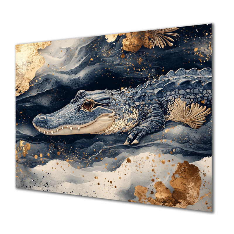 «Aligator and Marble Felections I», impression murale en métal crocodile, H 30 po x l 40 po