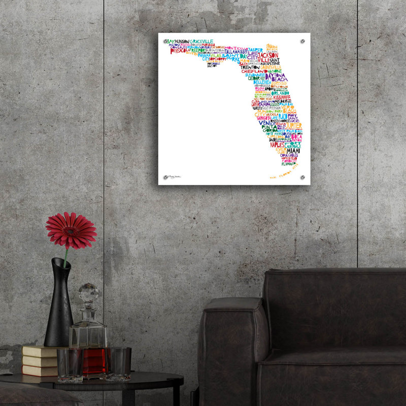 Art mural en verre épique «Florida Map» par Molly Mattin, 24 po x 24 po, H 24 po x l 24 po