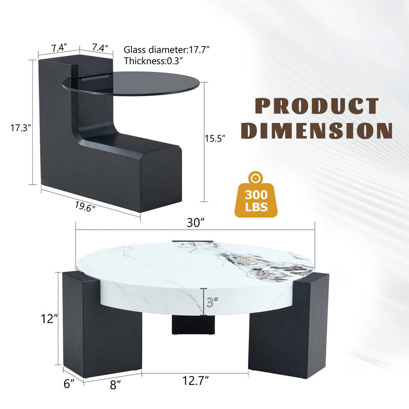 2-Piece Modern Round Nesting Coffee Table Set For Home & Apartment, 29.9" H x 29.9" L x 17.3" W, White/Black