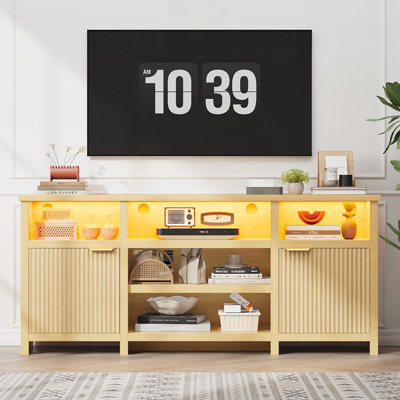 Meuble télé Highboy pour téléviseur de 80 po avec éclairage DEL, rangement spacieux et finition en chêne rustique pour les salons modernes