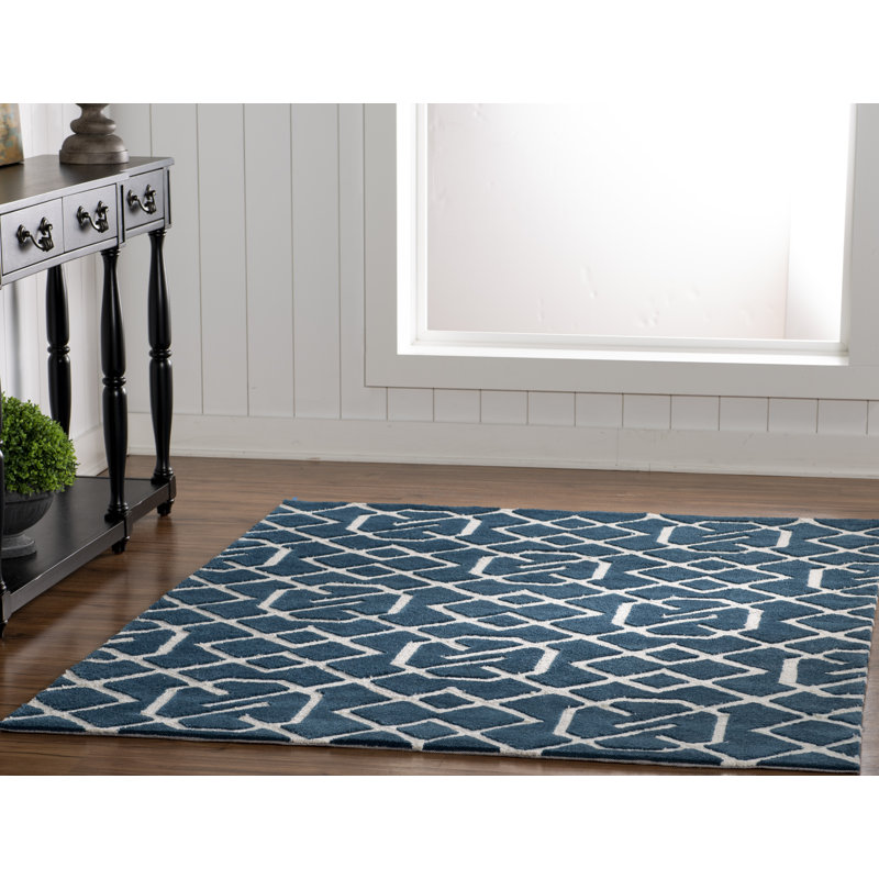 Tapis bleu marine et ivoire fait à la main Equelle, Rectangle 5 pi x 7 pi