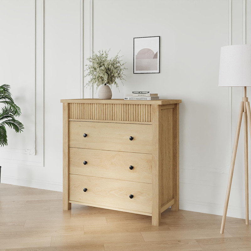 Armoire cannelée à 3 tiroirs en chêne naturel, table de bout polyvalente et rangement pour la chambre à coucher, le salon ou le couloir