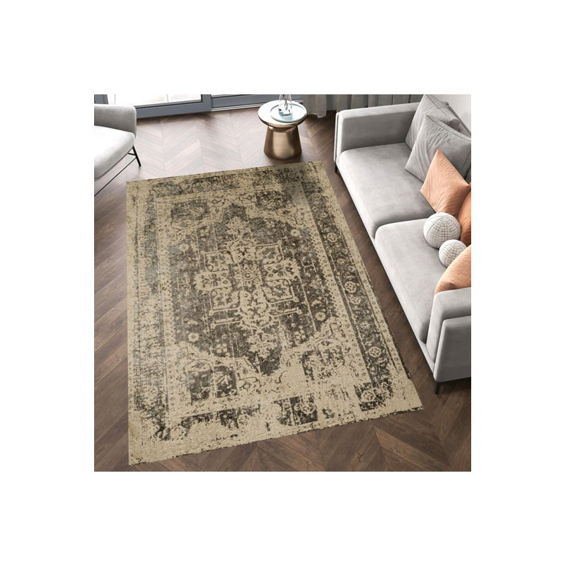 Machine Washable  Distressed Look Patterned Woven Base Decorative Rug, Rectangle 3'3" x 4'11"