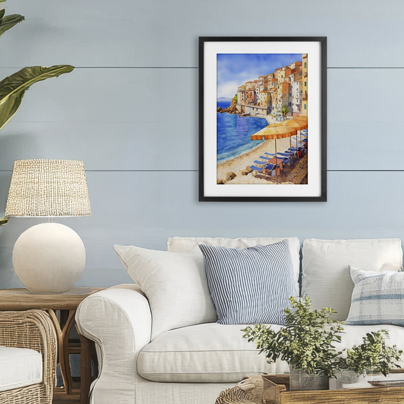 «Beach Lounging on Mediterranean Shore», reproduction encadrée sous verre, design by Creative Studio, 23 x 17