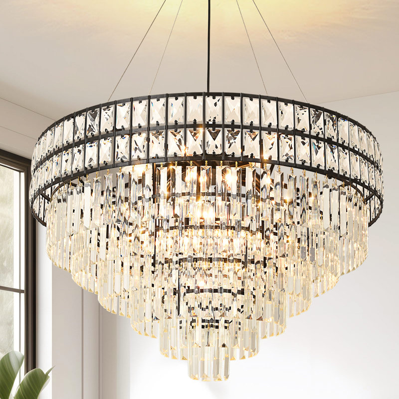 Lustre en cristal à 15 niveaux Sekena, H 18,8 po x l 29,1 po x P 29,1 po , Noir mat